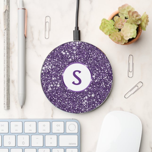 Faux Purple Glitter Texture Look-like & Monogram Wireless Charger (Desk)