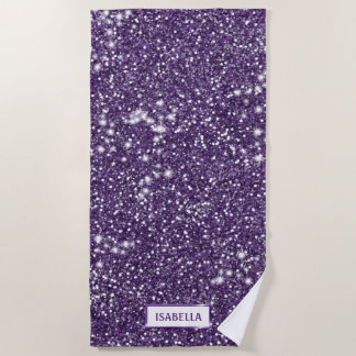 Faux Purple Glitter Texture Look With Custom Name Beach Towel