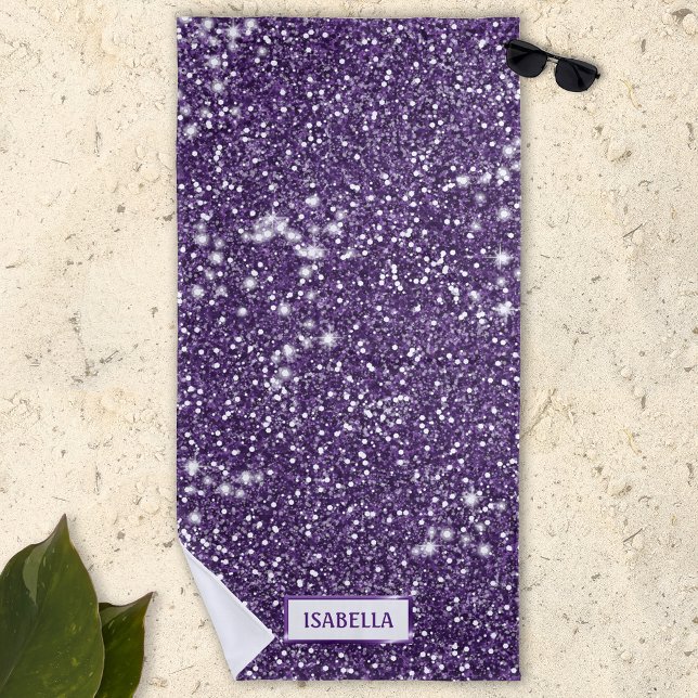 Faux Purple Glitter Texture Look With Custom Name Beach Towel (Creator Uploaded)