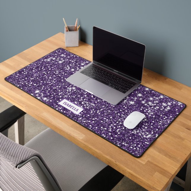 Faux Purple Glitter Texture Look With Custom Name Desk Mat (Office 2)