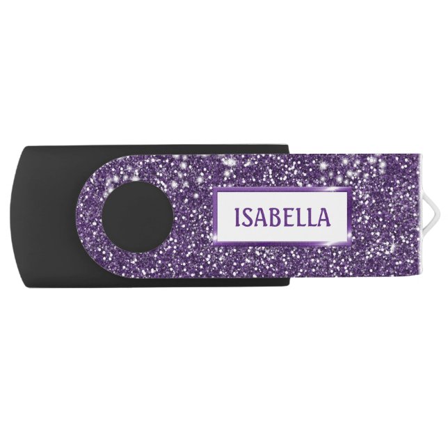 Faux Purple Glitter Texture Look With Custom Name Flash Drive (Front)