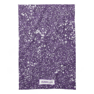 Faux Purple Glitter Texture Look With Custom Name Kitchen Towel