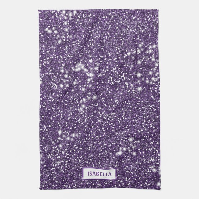 Faux Purple Glitter Texture Look With Custom Name Kitchen Towel (Vertical)