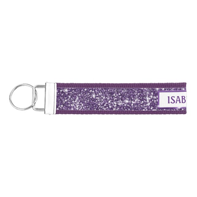 Faux Purple Glitter Texture Look With Custom Name Wrist Keychain (Keys on Left)