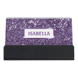 Faux Purple Glitter Texture Look With Custom Text Desk Business Card Holder