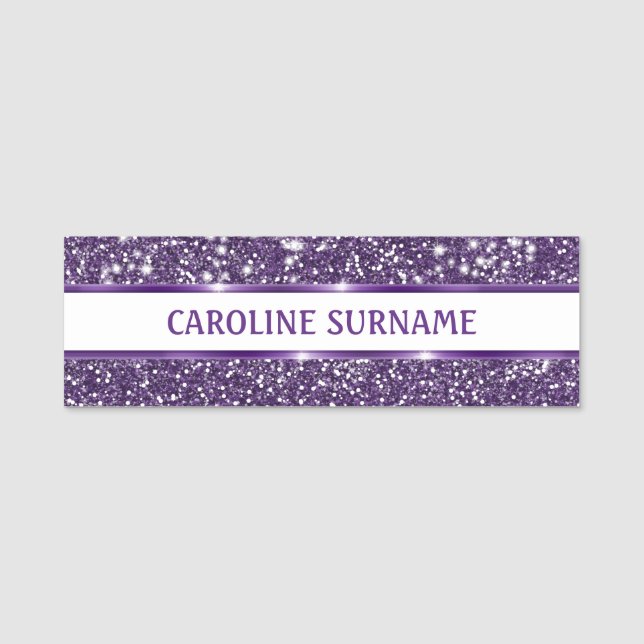 Faux Purple Glitter Texture Look With Custom Text Name Tag (Front)