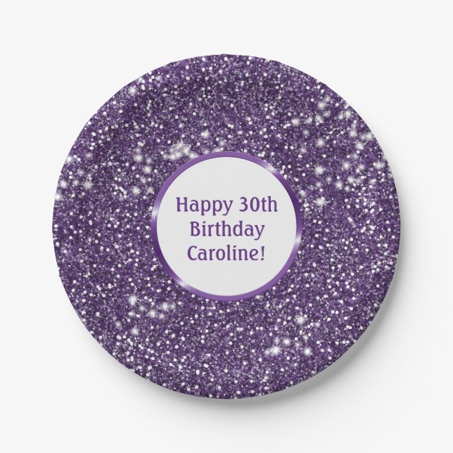 Faux Purple Glitter Texture Look With Custom Text Paper Plates (Front)