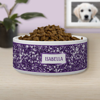 Faux Purple Glitter Texture Look &amp; Your Pet's Name Bowl