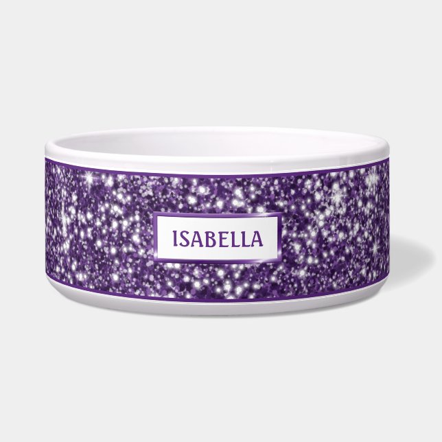 Faux Purple Glitter Texture Look & Your Pet's Name Bowl (Front)