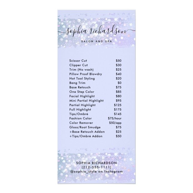 Faux Purple Iridescent | Salon Price List Services Rack Card (Front)