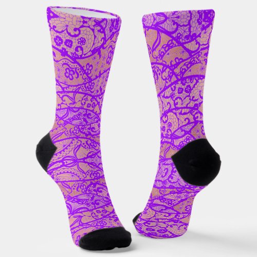 Faux Purple Lace Fishnet Flowers Romantic Socks