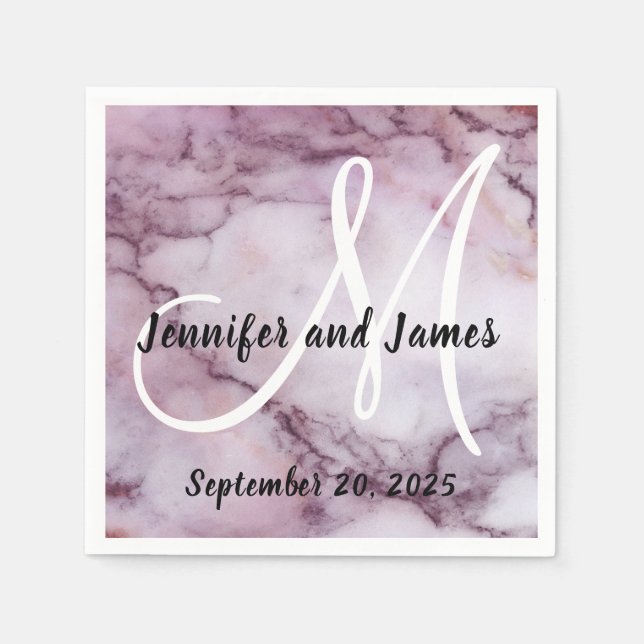 Faux Purple Marble Monogram Names Wedding Napkins (Front)