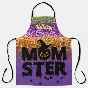 Faux Purple Orange Glitter Halloween Momster Apron
