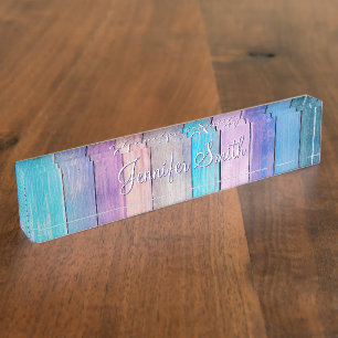 Faux Purple Pink Teal Wood Planks Desk Name Plate