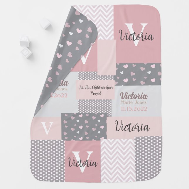 Faux Quilt Personalized Monogrammed Baby Girl Name Baby Blanket (In Situ)