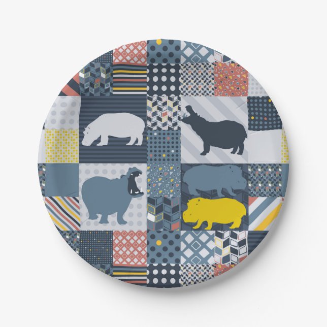 Faux-Quilted Hippo Paper Plates (Front)