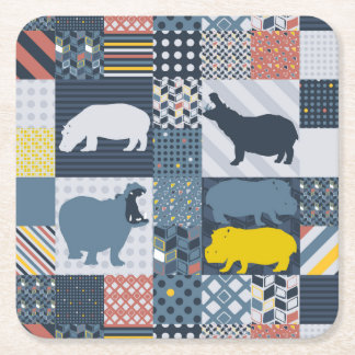 Faux-Quilted Hippos Square Paper Coaster