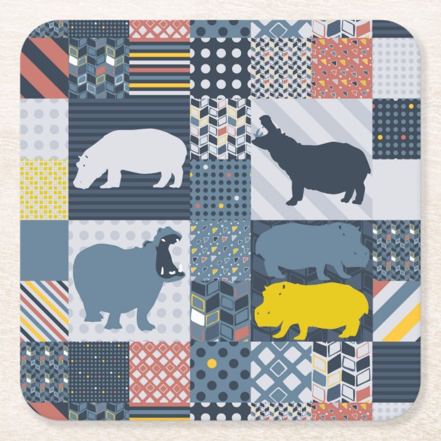 Faux-Quilted Hippos Square Paper Coaster (Front)