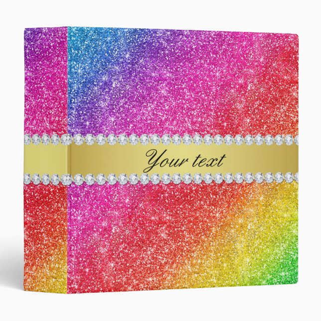 Faux Rainbow Glitter Diamonds Personalized Binder (Front/Spine)