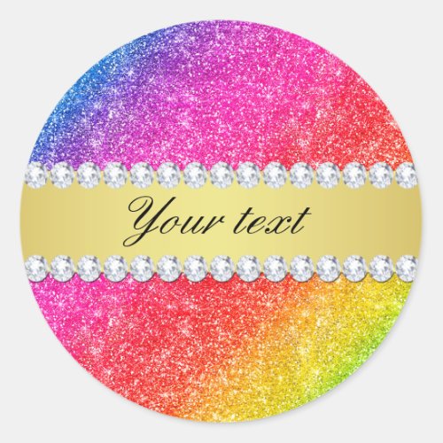 Faux Rainbow Glitter Diamonds Personalized Classic Round Sticker