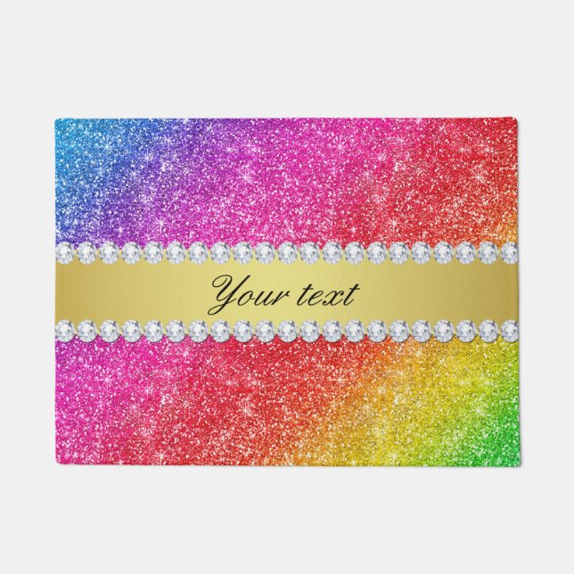 Faux Rainbow Glitter Diamonds Personalized Doormat (Front)