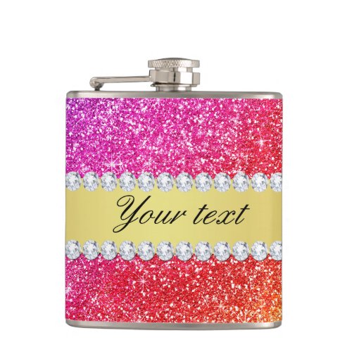 Faux Rainbow Glitter Diamonds Personalized Flask