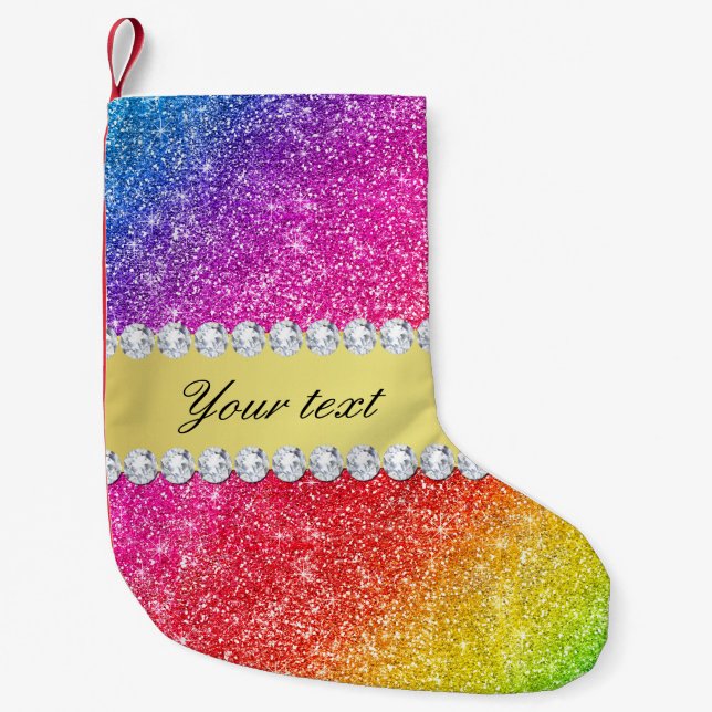 Faux Rainbow Glitter Diamonds Personalized Small Christmas Stocking (Front)
