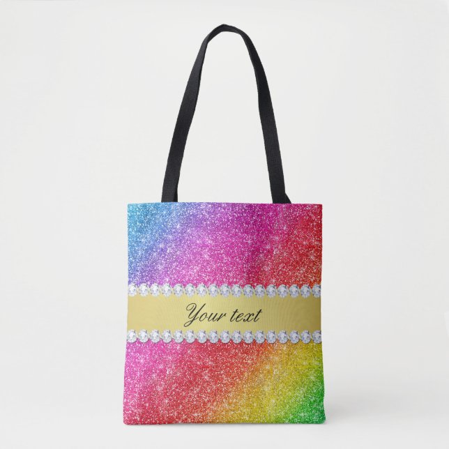 Faux Rainbow Glitter Diamonds Personalized Tote Bag (Front)