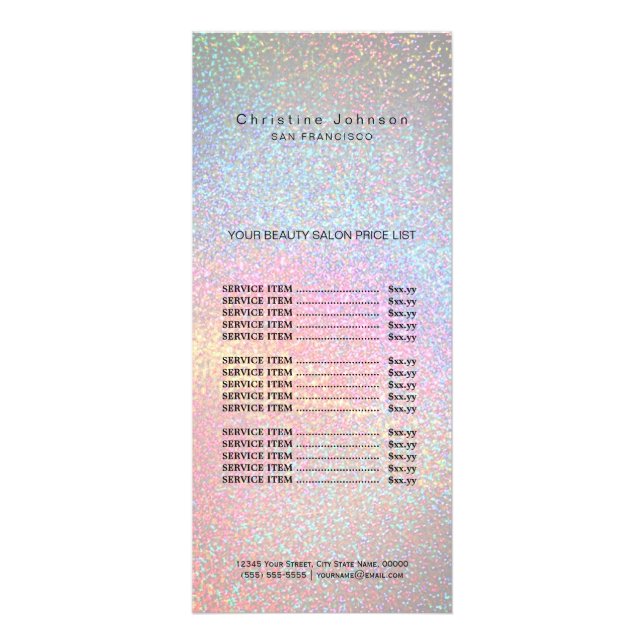 faux rainbow glitter price list rack card (Front)