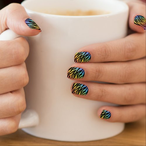 Faux Rainbow Glitter Zebra Stripe Print on Black Minx Nail Art