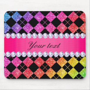 Faux Rainbow Neon Glitter Diamonds Black Mouse Pad