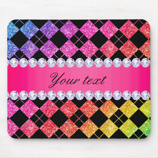 Faux Rainbow Neon Glitter Diamonds Black Mouse Pad | Zazzle