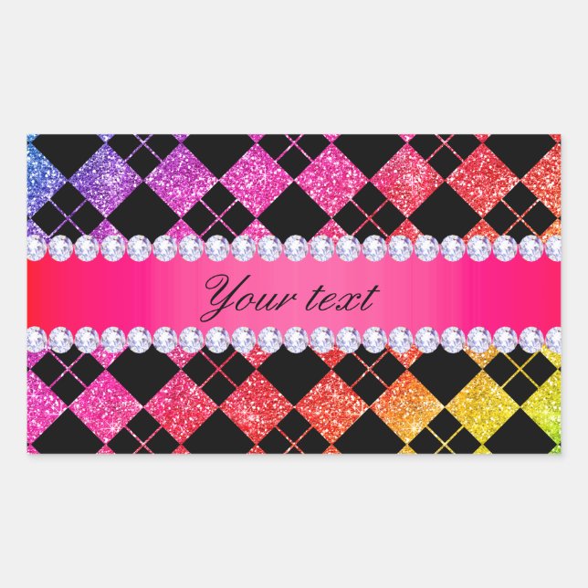 Faux Rainbow Neon Glitter Diamonds Black Rectangular Sticker (Front)