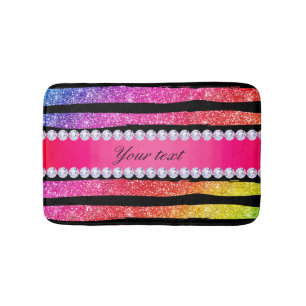 Faux Rainbow Neon Glitter Stripes Diamonds Black Bathroom Mat