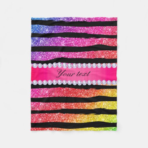 Faux Rainbow Neon Glitter Stripes Diamonds Black Fleece Blanket