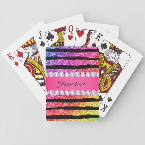 Faux Rainbow Neon Glitter Stripes Diamonds Black Poker Cards