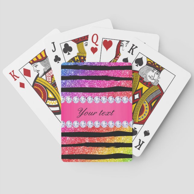 Faux Rainbow Neon Glitter Stripes Diamonds Black Poker Cards (Back)
