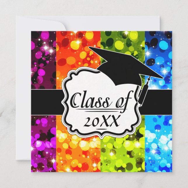 faux rainbow sparkle glitter graduation invitation (Front)
