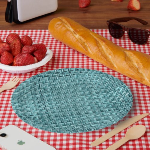 Faux Rattan Teal Turquoise Zigzag Weave Pattern Paper Plates