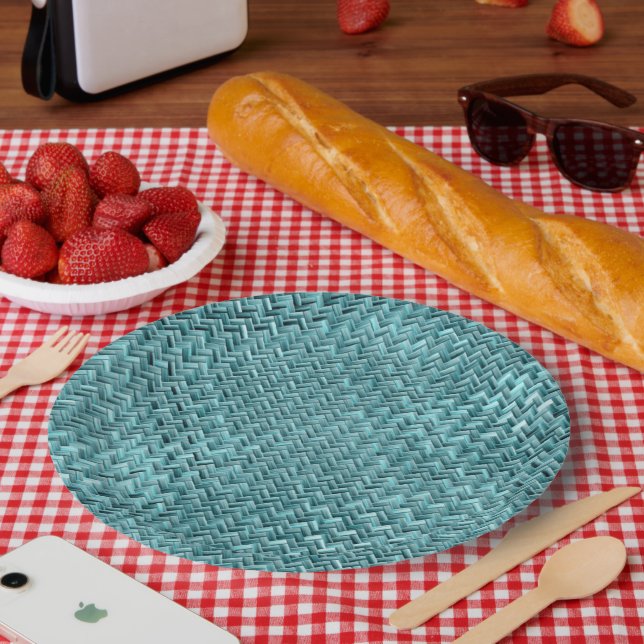 Faux Rattan Teal Turquoise Zigzag Weave Pattern Paper Plates (Picnic)
