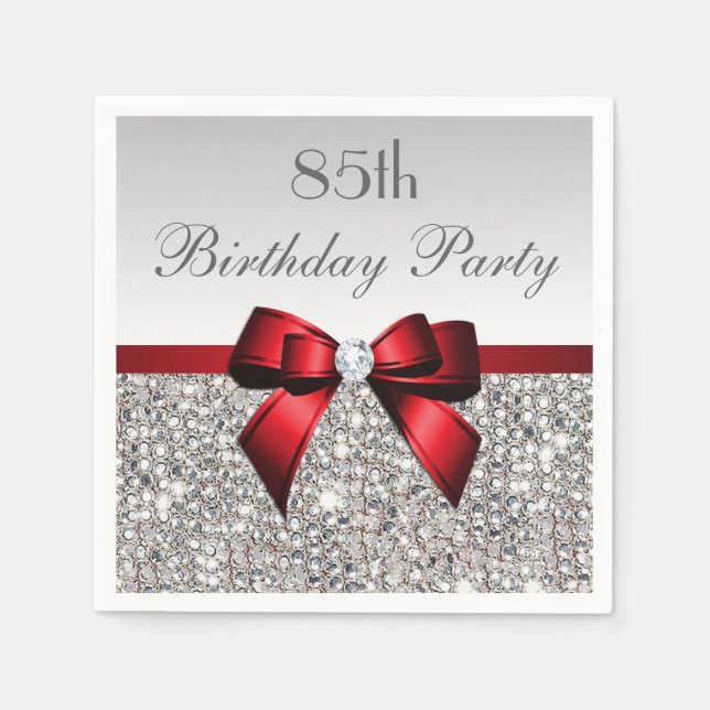 Faux Red Bow Sequins Diamond Any Age Birthday Napkins (Front)