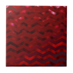 Faux Red Burgundy Black Foil Texture Chevron Ceramic Tile