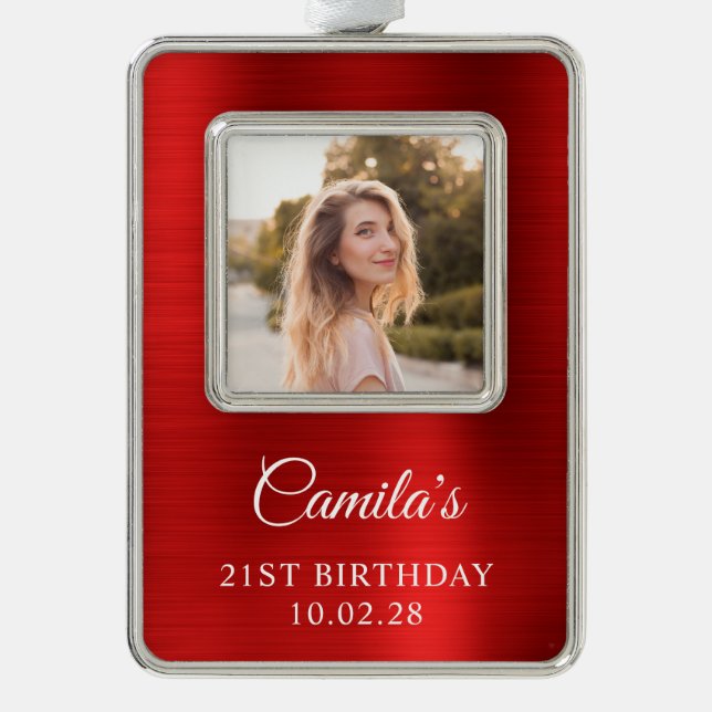 Faux Red Foil 21st Birthday Photo Christmas Ornament (Front)