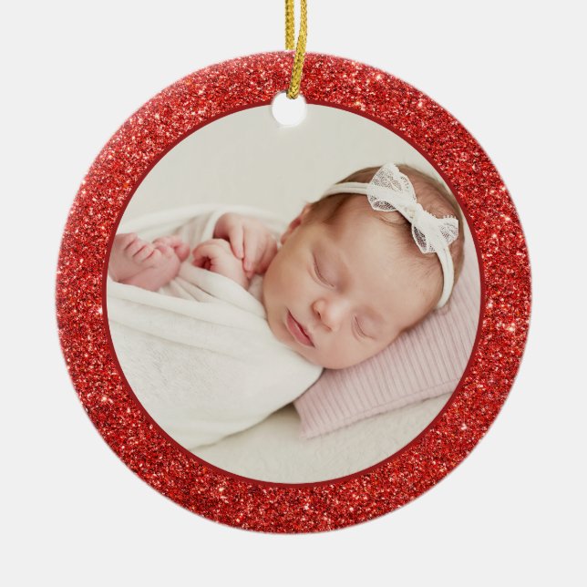 Faux Red Glitter Baby First Christmas Photo Ceramic Ornament (Front)