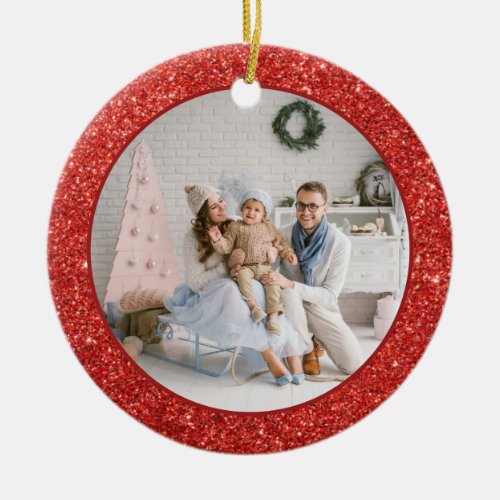 Faux Red Glitter Family Photo Christmas Ceramic Ornament