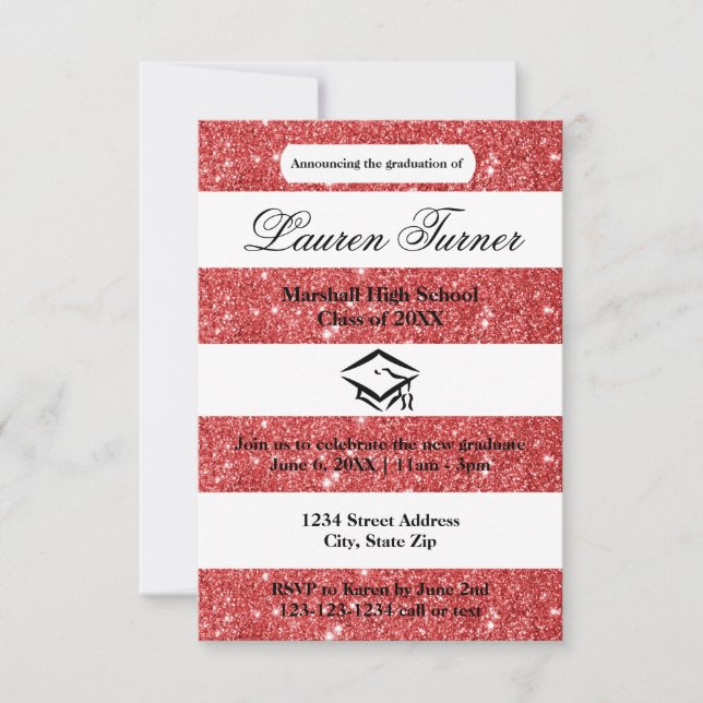 Faux Red Glitter Stripe-3x5 Grad Announcement (Front)