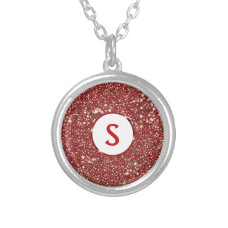 Faux Red Glitter Texture And Custom Monogram Silver Plated Necklace