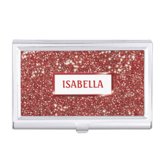 Faux Red Glitter Texture Look And Custom Name Business Card Case