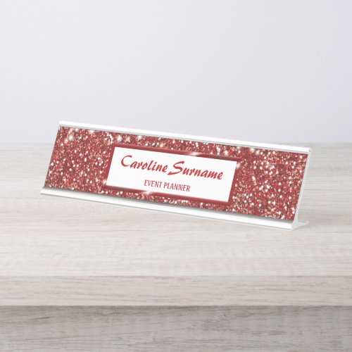 Faux Red Glitter Texture Look And Custom Name Desk Name Plate