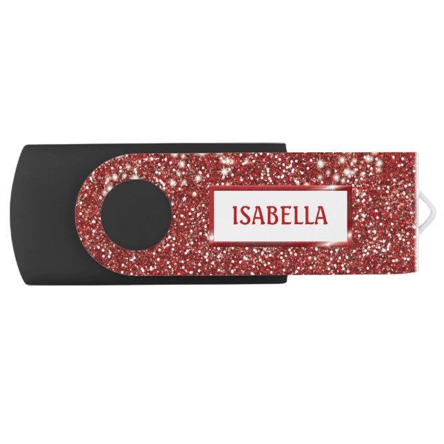 Faux Red Glitter Texture Look And Custom Name Flash Drive (Front)